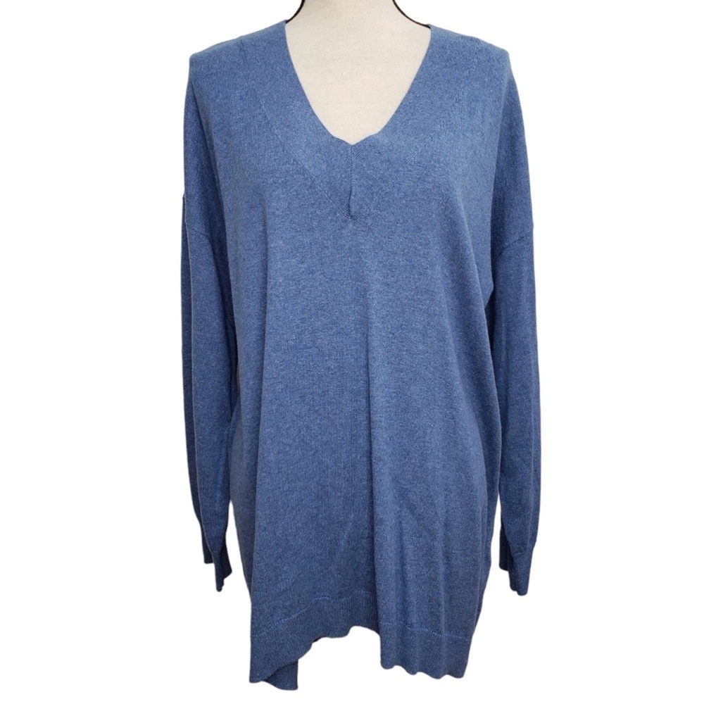Chicos L/S Pullover Sweater Blue V Neck Soft Cotton Blend High Low